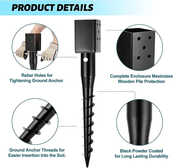 No Dig Ground Screw Anchor - Black Post Stake for 4x4 Wood Posts, Includes Lag Bolts & 27" Rebar, for Mailbox Posts and Fence Posts Anchor, 1 Pack