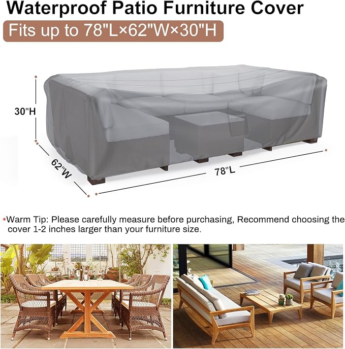 Mrrihand Heavy Duty Patio Furniture Covers, Outdoor Furniture Covers Waterproof Sectional Sofa Set, Patio Table and Chair Set Cover 78" L×62" W×30" H,Grey