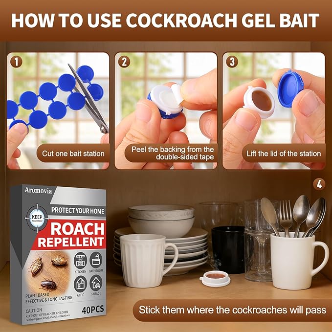 Cockroach Gel Bait, Repellent All Roaches, 40PCS with Adhesive Pads, Cockroach Trap Indoor Home Fast-Acting & Long-Lasting Protection, Safe for Indoor Use