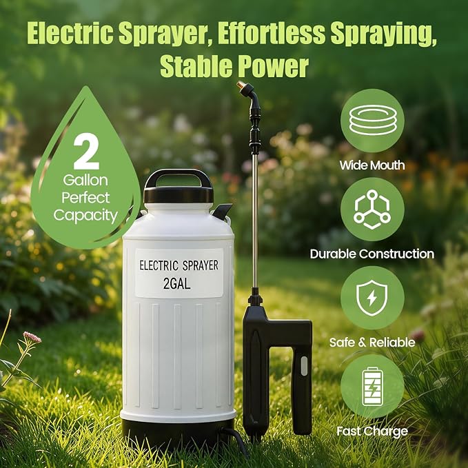 Battery Powered Sprayer 2 Gallon, Wide Mouth Electric Pump Sprayer with Upgraded Elevated Base and Thickened Anti-Abrasion Tank, Kink Proof Hose, Retractable Wand, 3 Nozzles Lawn and Garden