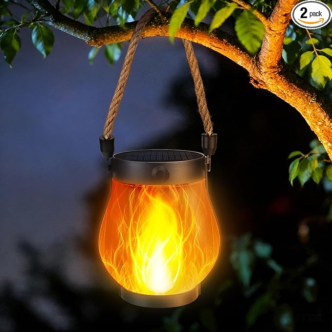 Jyoiat Solar Outdoor Lanterns Waterproof - Solar Hanging Flame Lanterns with Dual Charging Modes of Solar & USB for Garden or Yard Decorations (Warm White - 1 Pack)