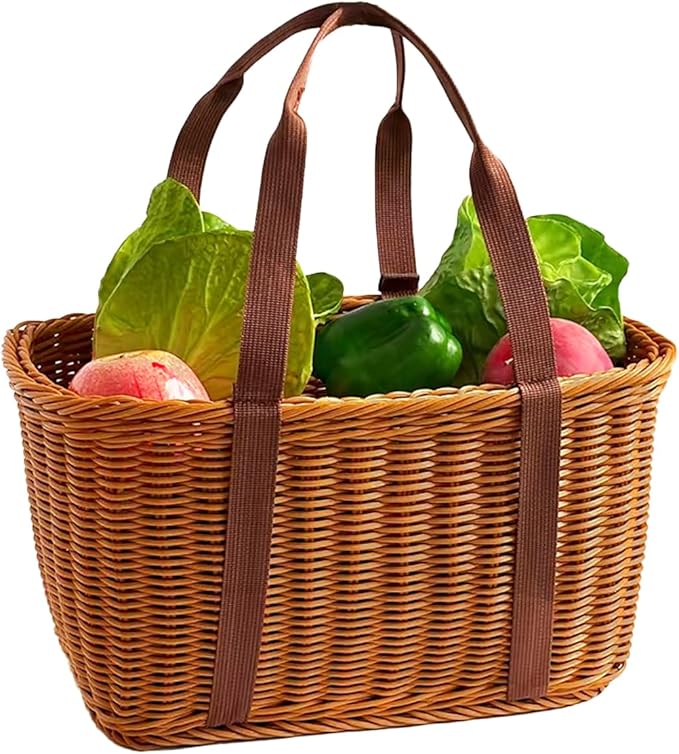 Picnic Basket, Garden Harvest Basket, Wicker Shopping Baskets with Cloth Handles, Reusable Handwoven Market Baskets for Carrying Shopping Storage Gathering (Brown)
