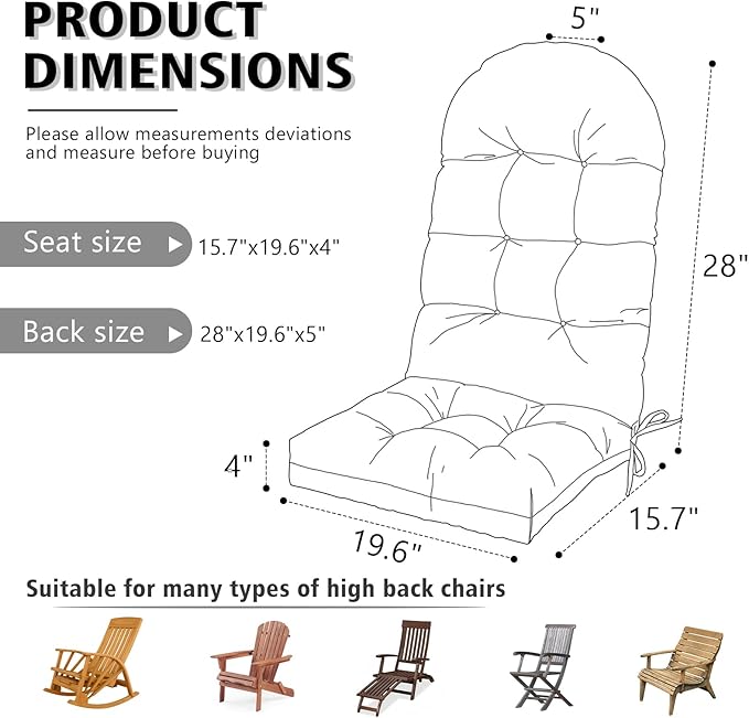 Enipate Weather Resistant Adirondack Chair Cushions High Back Indoor Outdoor Patio Tufted Lounge Cushion Seat Pads