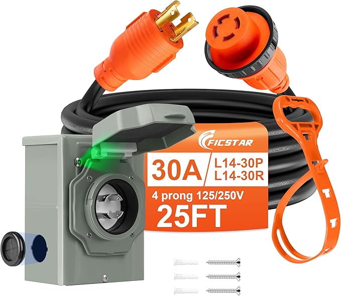 25 FT 4 Prong 30 Amp Generator Cord and Power Inlet Box, NEMA L14-30P to L14-30R Generator Cord Waterproof Combo Kit, 125/250V 7500W 10 AWG SJTW Generator to House Hookup Kit