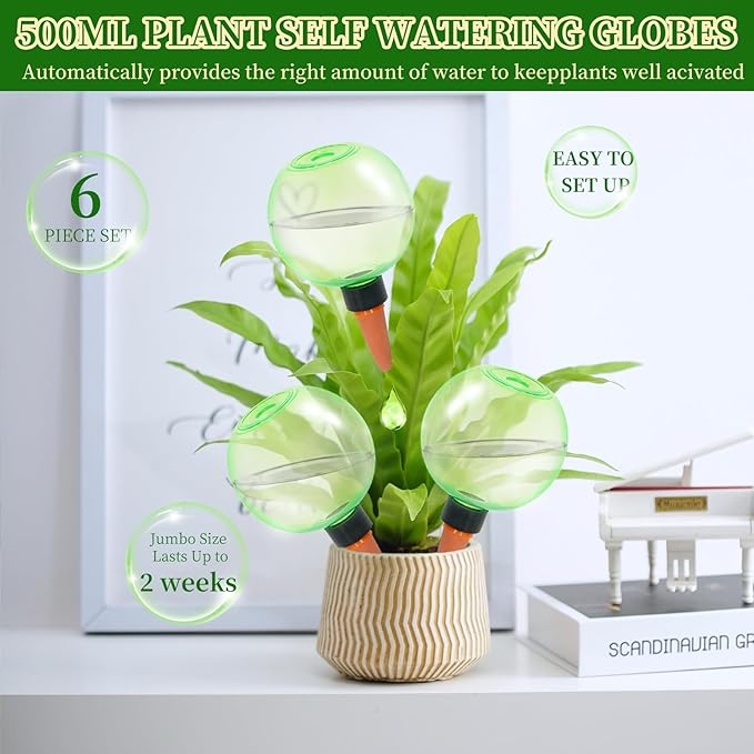 6pcs Large Plant Self Watering Globes, 17.5 oz Plastic Water Bulbs Top Fill, Plant Watering Devices System Slow Release Terracotta, Water Spikes Stakes for Indoor(6pack)