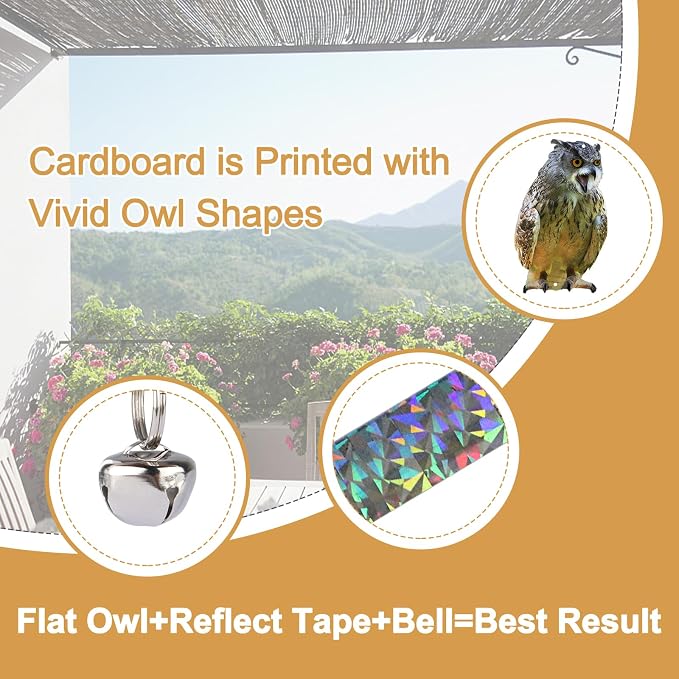 Owl to Keep Pigeons Away, 2Pcs Flat Plastic Owl to Scare Woodpecker from House, Fake Owls to Scare Pigeon Squirrels, Hanging Garden Owls with Reflective Tape for Porch Patio Window Yard Balcony Roof