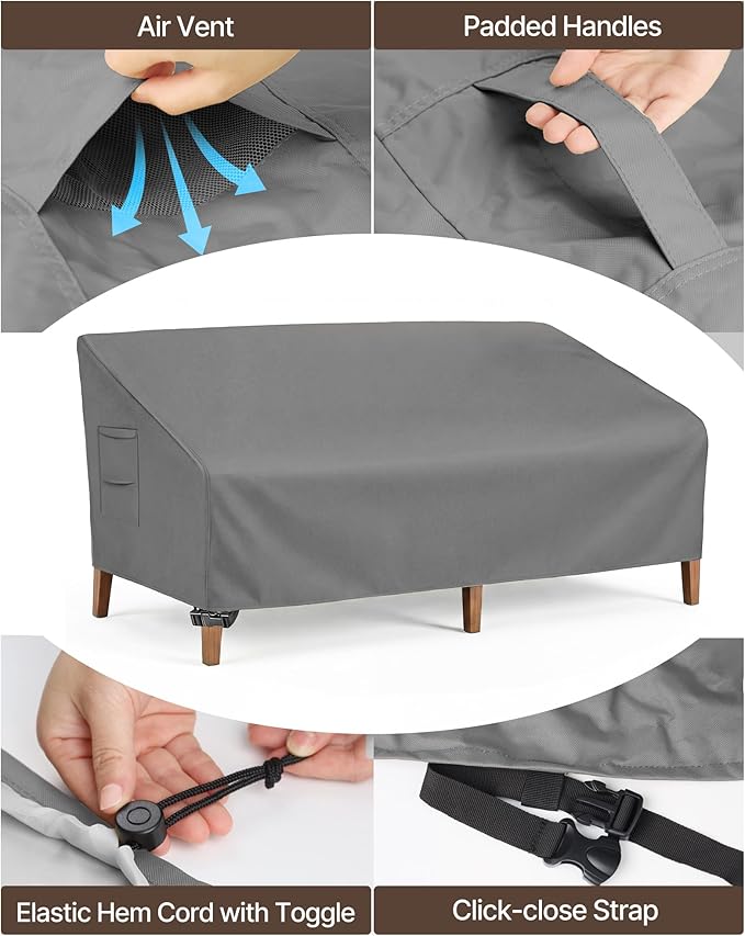 Vailge Heavy Duty Patio Sofa Cover, 100% Waterproof 3-Seater Outdoor Sofa Cover,Lawn Patio Furniture Covers with Air Vent and Handle,93" Wx 40" Dx 35" H,Grey