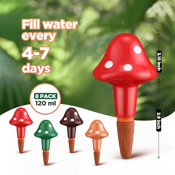 Funnymoom 8 Pack Terracotta Self Watering Spikes Mushroom Shaped Plant Watering Globes Automatic Planter Insert Stakes Device for Indoor Outdoor Plants