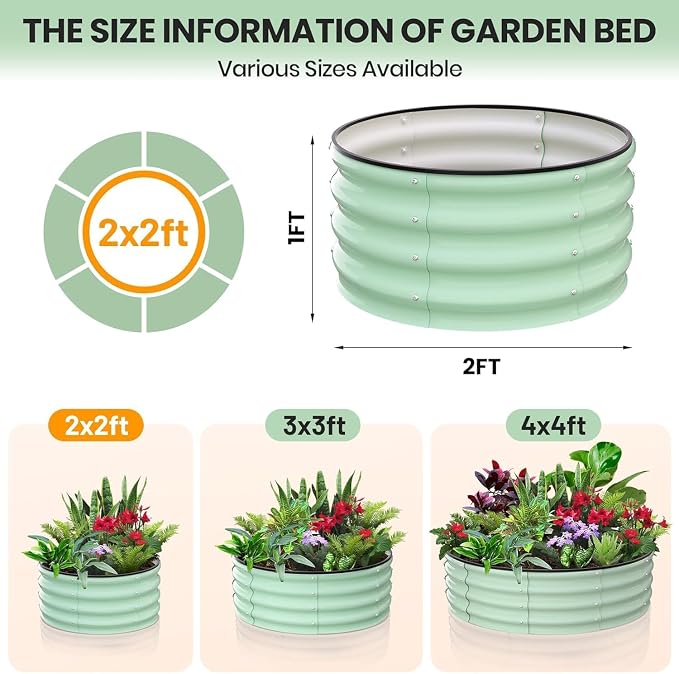 Garvee Galvanized Raised Garden Bed, 2Pcs Raised Garden Beds Outdoor, Round Planter Raised Beds with Gloves and Rubber Edge Trim for Vegetables, Flowers and Herbs, 2x2x1 FT, Green