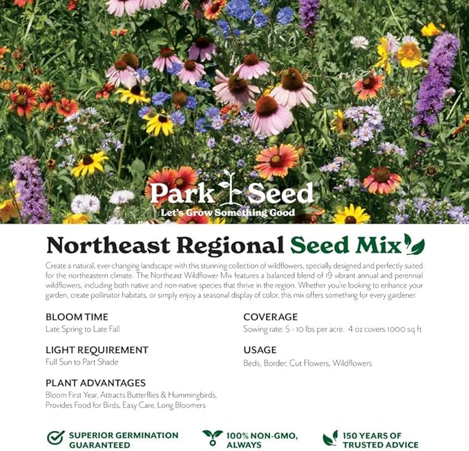 Park Seed Grow Your Own Vibrant Annual and Perennial Wildflower Garden Seeds Mixture, Easy to Grow Varieties for Pollinators and Spring Gardens - Northeast Regional Mix, 50 lbs