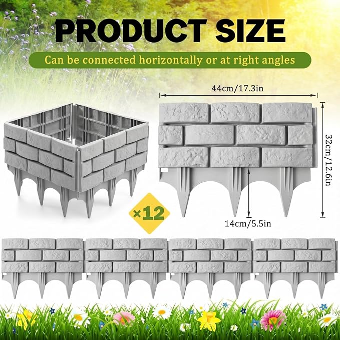 Landical 12 Pcs Imitation Stone Garden Fence, Faux Stone Retaining Wall Look Garden Bricks Border with Ground Stakes, 17.3 x 12.6 in Gray Plastic Edging Blocks for Flower Beds, Lawn, Mulch (Gray)
