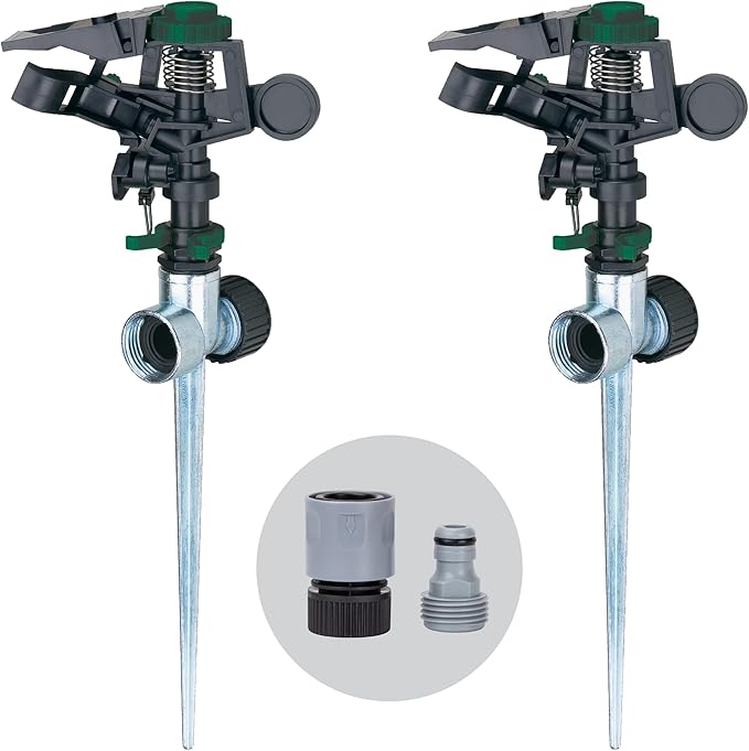 Melnor 65176AMZ Pulsating Sprinkler Set, 2 Pack, Waters Up to 85 Ft. Diameter, Metal Spike Base, Quick Connect Bundle, Black, Green