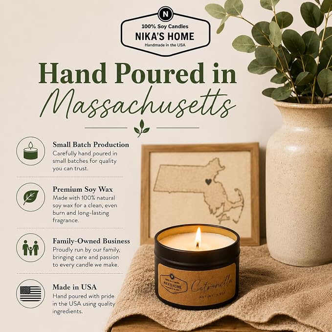 Citronella Soy Wax Candle Set, 5 Pack 3.5 oz Tins, Highly Scented Outdoor Decor for Patio, Deck, Camping & Backyard Gatherings, Hand Poured in USA
