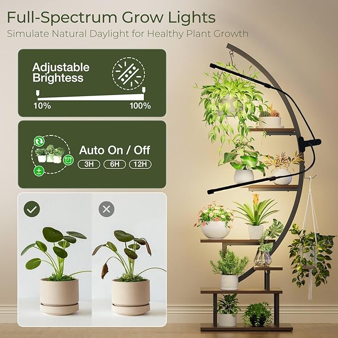 GREENSTELL Plant Stand with Grow Lights, Half Moon 7 Tiered Metal Plant Shelf , Multiple Tier Curved Ladder Flower Pot Stand Display Rack for Indoor Living Room Patio Garden Balcony Dark Brown (1 Pack)