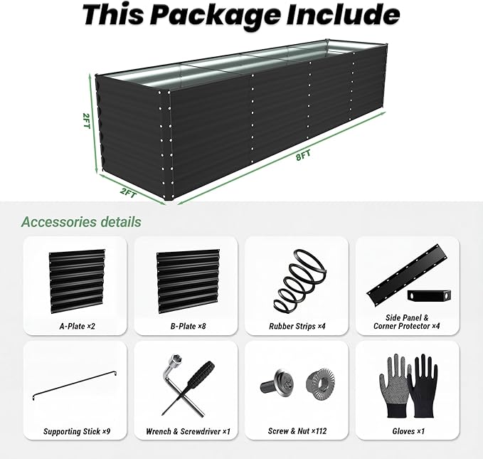 8x2x2FT Raised Garden Beds Outdoor, Planter Raised Beds for Gardening, Vegetables, Flowers,Large Metal Garden Box, Deep Plant Flower pots Outdoor (Black, 1Pack)