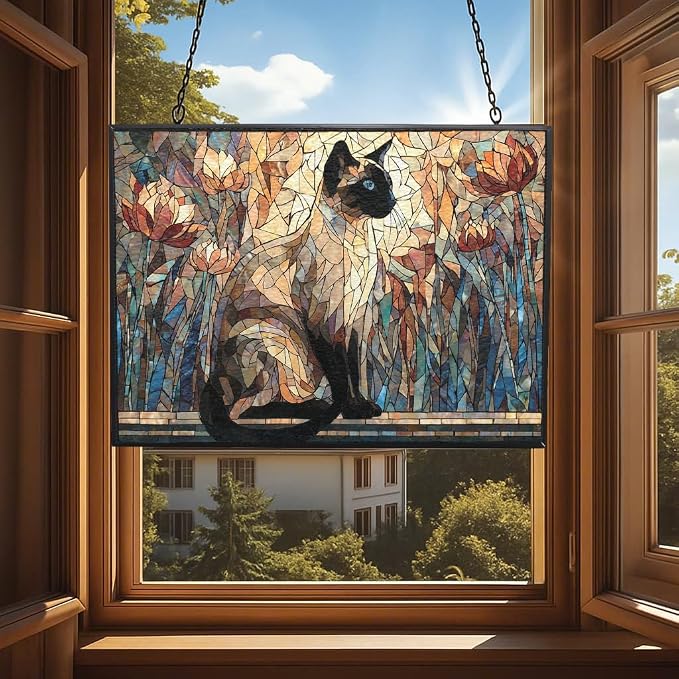 Rectangle Mosaic Siamese Cat On Windowsill Stained Glass Window Hanging Sun Catcher Halloween Haning Ornament Decoration Christmas Birthday Gifts for Lover, Friends