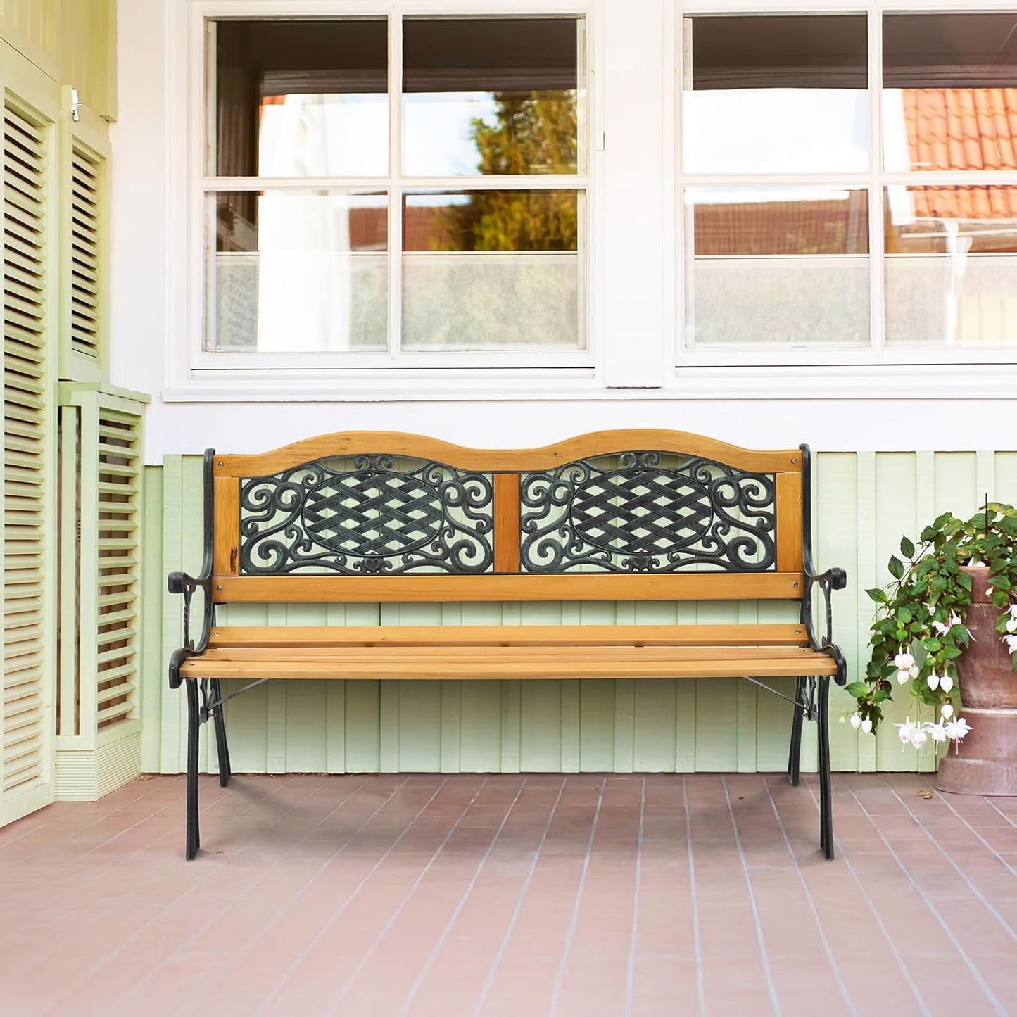 VINGLI Outdoor Bench Metal Garden Bench Front Porch Bench, Wood Patio Bench w/PVC Backrest Cast Iron Love Seat Park Benches (Arched Back)