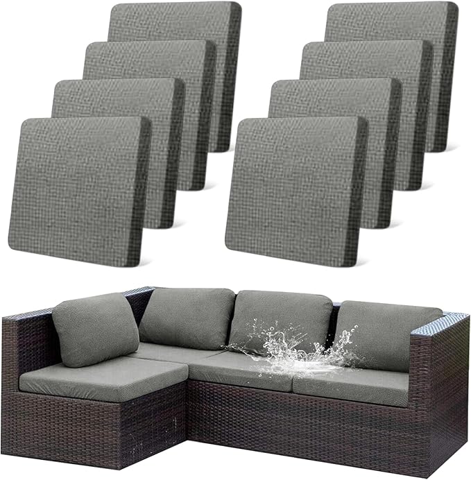 CALBODE 8Pcs Outdoor Stretch Cushion Covers,Waterproof Outdoor Chair Cushion Covers for Patio Furniture, Washable Jacquard Couch Covers Replacement for Patio Furniture(Grey, Cover Only)