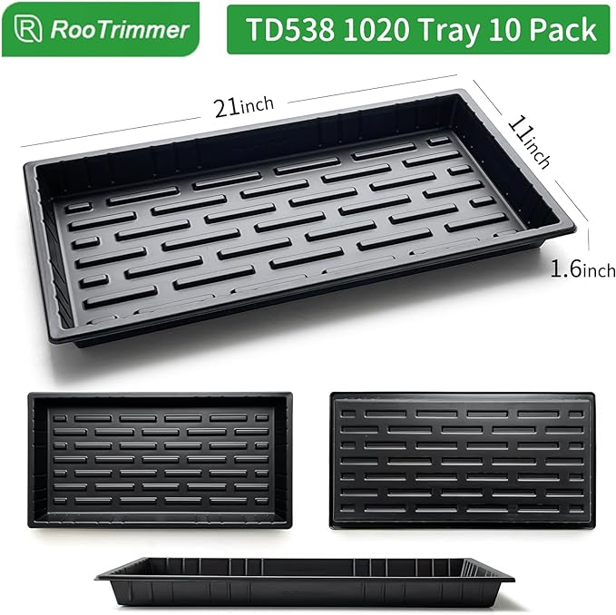 RooTrimmer Growing Trays, 1020 Plant Nursery Trays Heavy Duty Seed Starter Flat Seedling Tray for 72/128 Cell Plug Tray Transplant Growing Microgreens (21"×11", 10 Pack, 1.6" Deep, Without Holes)