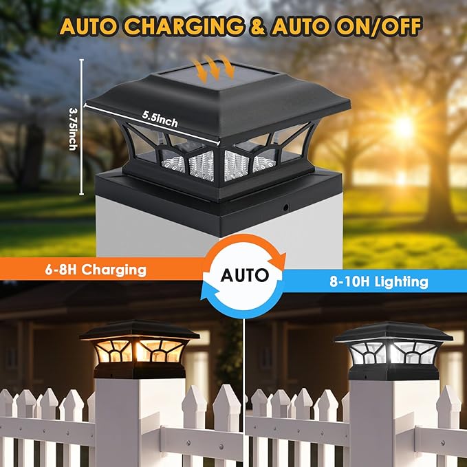 4 Pack Solar Post Cap Lights Outdoor Waterproof, Fits 4x4, 5x5, 6x6 Wooden & Vinyl Fence Decks with Warm & Cool White Light Modes.(Classic Black,4)