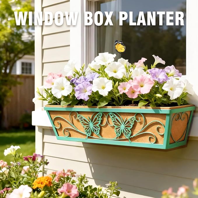 2 Pack 24 Inch Railing Planter Boxes Window Box Planters with Liner | Adjustable Bracket, Heavy Duty Hanging Basket, Metal Butterfly Decor, Retain Moisture Liner, Vibrant Spring Green