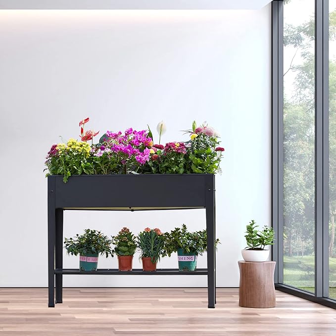 Raised Garden Bed, Elevated Planter Black Metal Plant Box with Legs Standing Garden Stand Drainage Holes Black