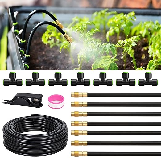 RAINPOINT 25FT Drip Irrigation System, Garden Watering Kit with 7pcs 360°Adjustable Copper Nozzles, Automatic Atomizing Watering Sprinkler System for Greenhouse, Lawn, Raised Beds, Outdoor Plants