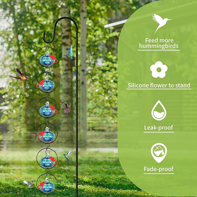 Headak Life 6 Pack Circular Hummingbird feeders for Outdoors Hanging,Hand Blown Glass Hummingbird Feeder with 6 Adjustable Silicone Perch,Never Leak,Gardening Gifts for Woman Man(Blue)