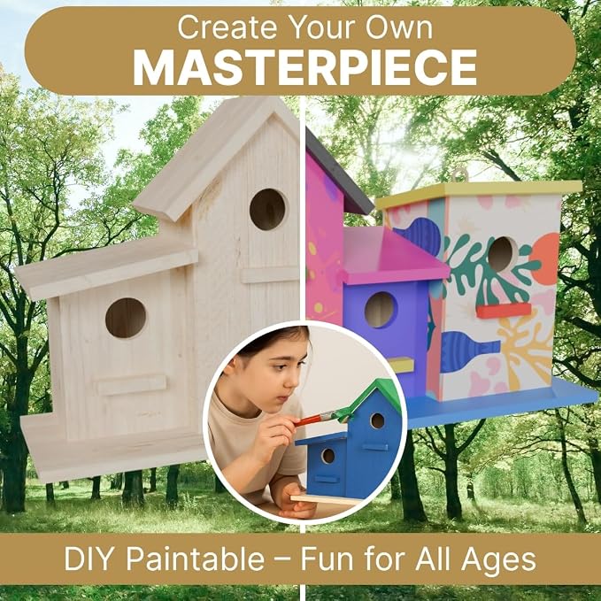 23 Bees 4 Hole Bird House for Outdoors/Indoors, Hanging Kit for Kids & Adults, Decorative Feeder for Bluebirds, Wrens & Chickadees, All-Weather Home Decoration (Wood, 4 Houses)