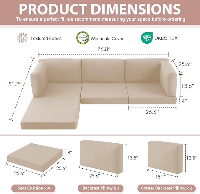 9-Piece Patio Furniture Cushions Set, Replacement Outdoor Cushions for 4-Seat Patio Sectional, Waterproof & Fade Resistant Deep Seat Cushion for Outdoor Sofa, Beige