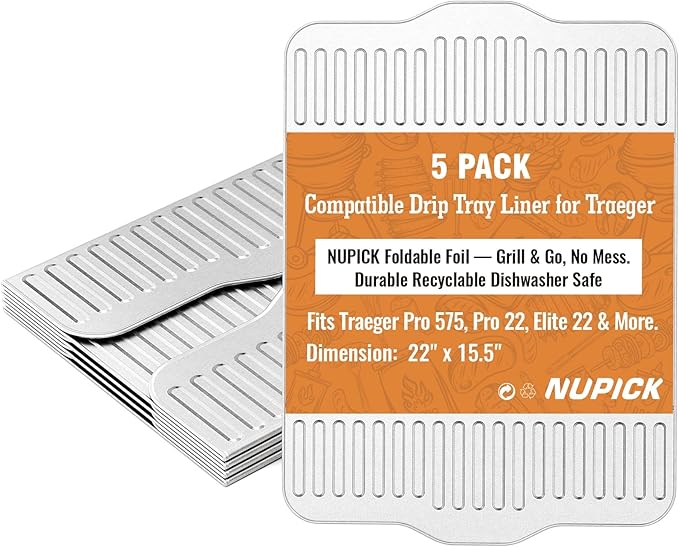 NUPICK BAC507 Grill Drip Tray Liners for Traeger Pro 575, Pro 22 and Elite 22, Grill Accessories for Traeger, Aluminum Disposable Drip Trays,Heat-Resistant Grill Accessory, 22in x 15.5in, 5 Pack