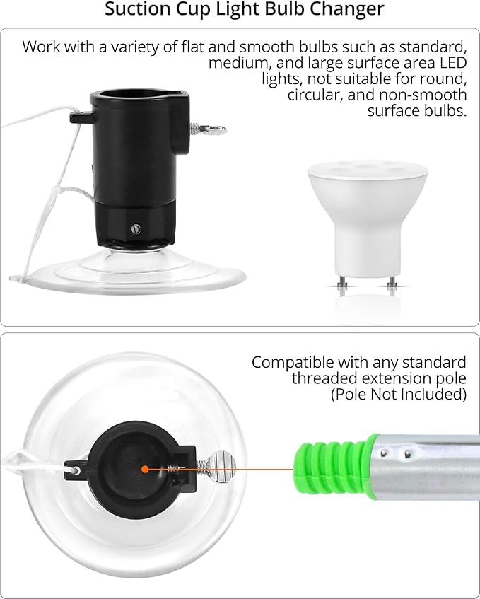 QWORK Professional Light Bulb Changer Kit - 3 Piece Set - Extension Pole Compatible, for High Ceiling Incandescent Bulbs with Standard, Floodlight & Recessed Changer