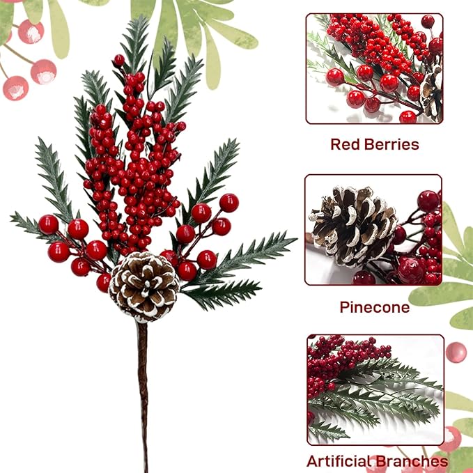 Christmas Floral Flowers Picks Artificial Red Berry Stems with Pinecones Pick and Sprays for Christmas Tree Wreath Winter Car Room Holiday Decorations 9 Pack