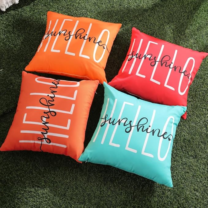 DFXSZ Outdoor Pillow Covers 20x20 Inch Set of 2 Hello Sunshine Decor Dirty Orange Waterproof Throw Pillow Covers Summer Outdoor Pillow Covers Decor for Patio Funiture Garden Sofa Couch 020J20