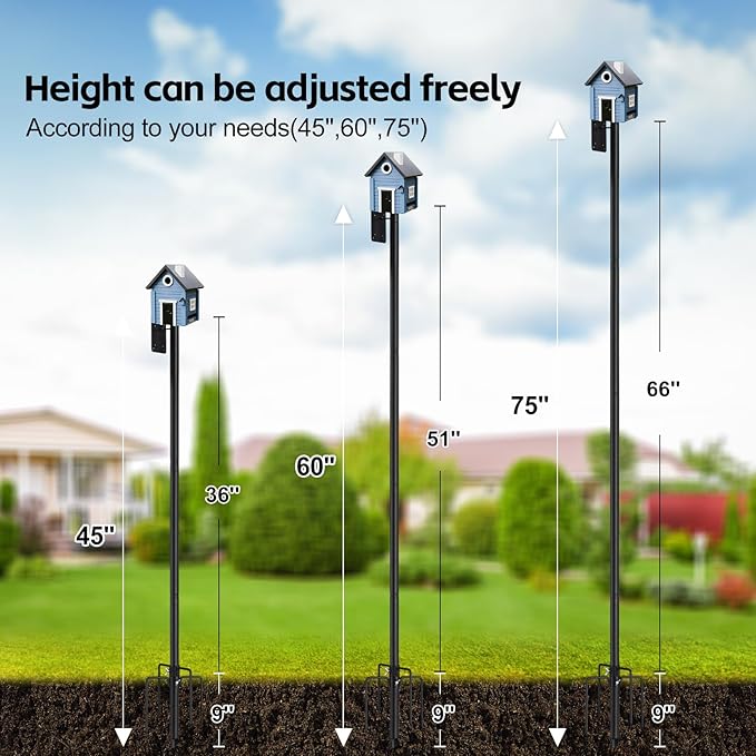 Bird House Pole,75" Outdoor Bird Feeder Pole Kit Stand with 5-Pronged Base, Adjustable Height & Universal Mount for Easy Setup, 2 Installation Methods, Matte Black Finish (Without Bird House)