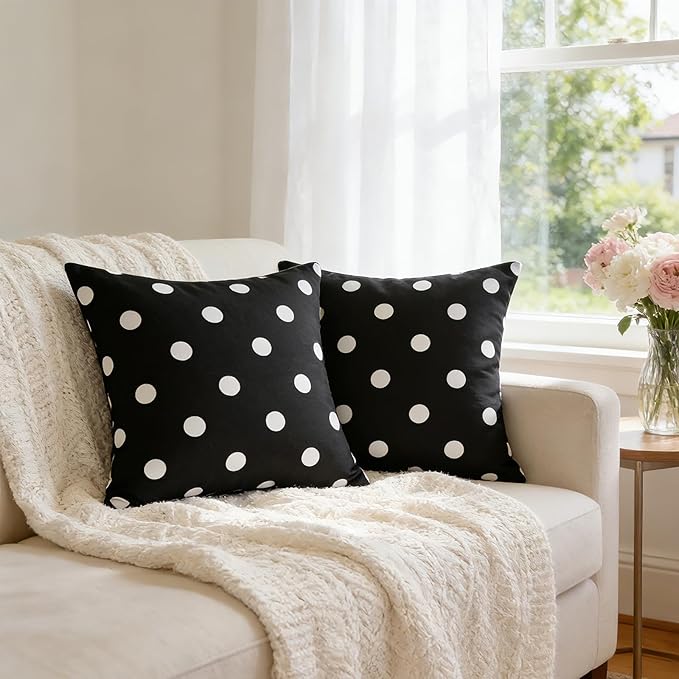 SquarePie Pack of 2 Outdoor Pillow Covers Waterproof Decorative Throw Pillowcase Black White Garden Cushion Cover Cases for Spring Patio Couch Balcony Bench,20x20 inch Black Polka Dot