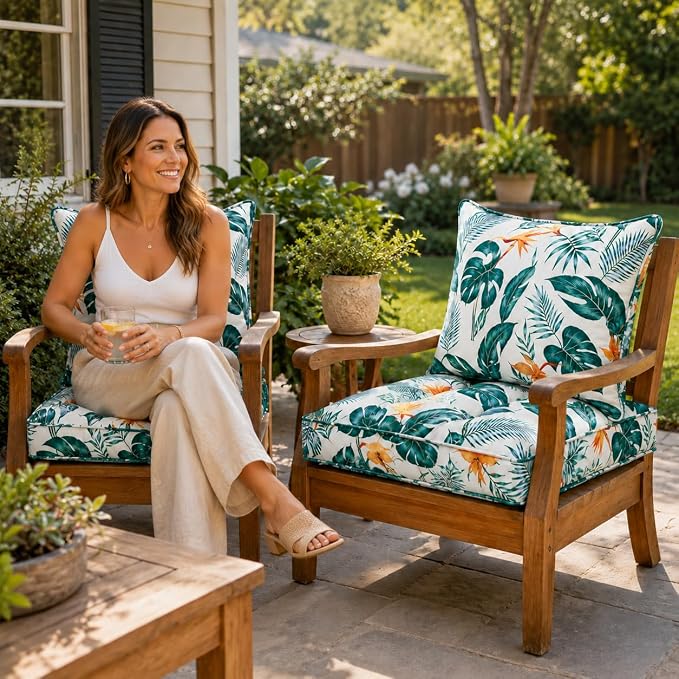 22x22 Waterproof Outdoor Chair Cushions Set of 2, Patio Cushions for Outdoor Furniture Water-Resistant & Fade-Resistant, Deep Seat & Back Cushion for Wicker Sofa (Yellow Leaf)