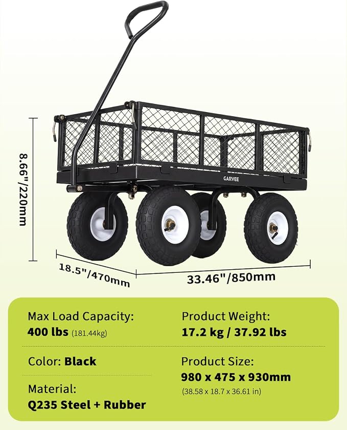 Garvee Versatile Outdoor Utility Cart - 400LBS Heavy-Duty, 10" All-Terrain Pneumatic Tires, Easy Maneuverable Lawn Cart with Removable Mesh Panels for Gardening & Landscaping，Black