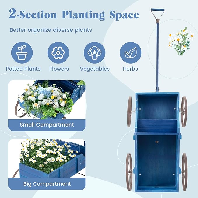 DORTALA Wood Wagon Planter, Outdoor Garden Flower Planter Cart with Wheels, Small Decorative Wood Raised Bed Plant Pot Box Stand for Backyard, Patio, Balcony, Blue
