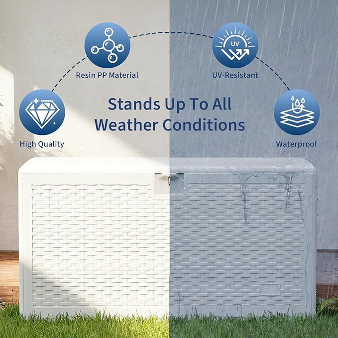 99 Gallon Waterproof Large Resin Deck Box Indoor Outdoor, Lockable Storage Container for Patio Furniture Cushions, Throw Pillows, Garden Tools, and Pool Floats, White