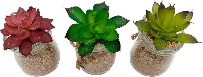 Admired by Nature 3pcs Succulents in Glass Jar W/Metal Basket Indoor Spring Summer Faux Plant décor, Wedding Centerpieces, Tabletop, Home Décor, Office Desk, Kitchen Table Décor, Green