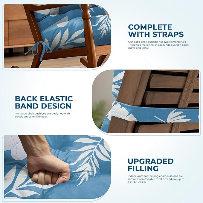 2 Pack Adirondack Chair Cushion Waterproof Indoor Outdoor Rocking Chair Cushion 44 Inches Patio High Back Chair Cushions Thickened Adirondack Rocking Chair Cushions with Ties, Blue Leaf