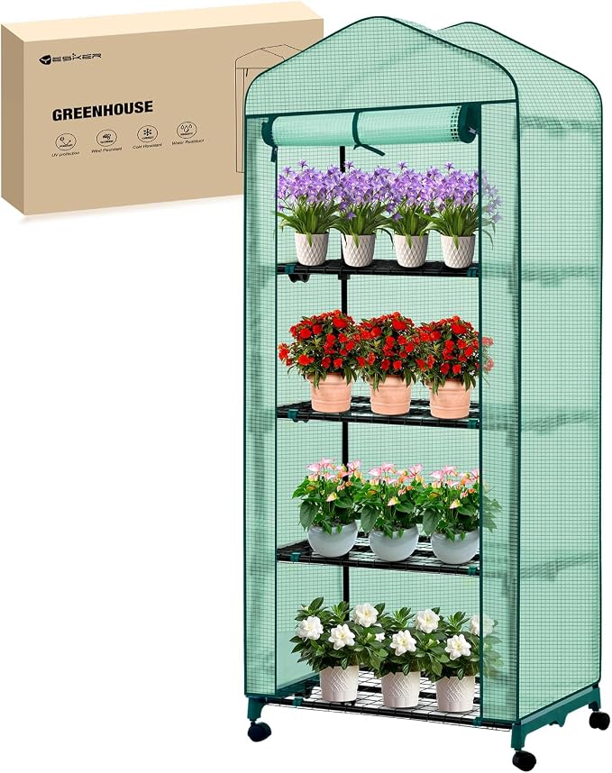 Yesker Mini Greenhouse 27"x20"x63" Portable Indoor / Outdoor Small Green House with 4 Tier 4 Shelves Wheels Thicken PE Cover Compact Greenhouses Kit for Winter Gardening Balcony Patio Backyard, Green