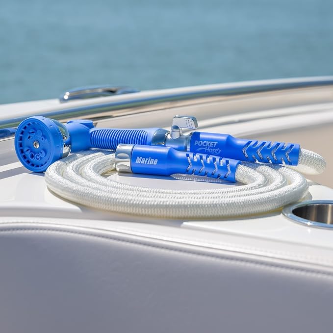 Pocket Hose 100 ft Expandable Garden Hose for Marine & RV Use – Drinking Water Safe & Lead-Free, 3/4” Lightweight No-Kink Hose with On/Off Valve, 10-Pattern Sprayer & Storage Bag