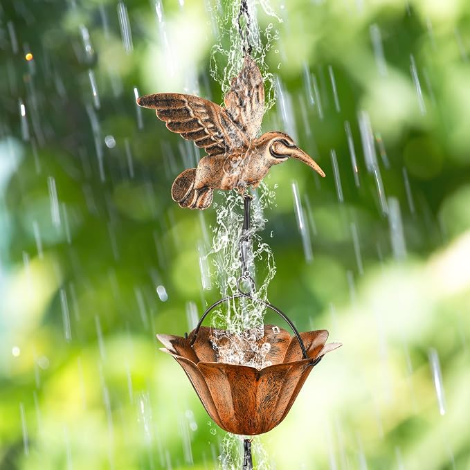 MorningRo Brass 8.5ft Rain Chains for Gutters Outside with Anchor Basin 12 Cups Rain Chain Catcher Downspout Replacement Adjustable Metal Garden Rainwater Divert for Eaves Drainage (Hummingbird)