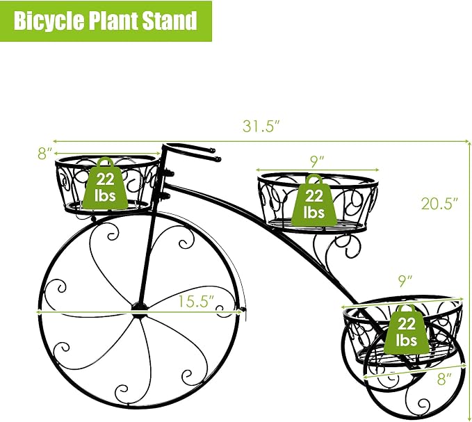 Bicycle Planter, Flower Pot Stand with 3 Decorative Wheels, 3 Collection Baskets, Metal Steel Frame, Tricycle Plant Stand for Outdoor, Indoor, Home, Balcony, Patio, Garden, Backyard