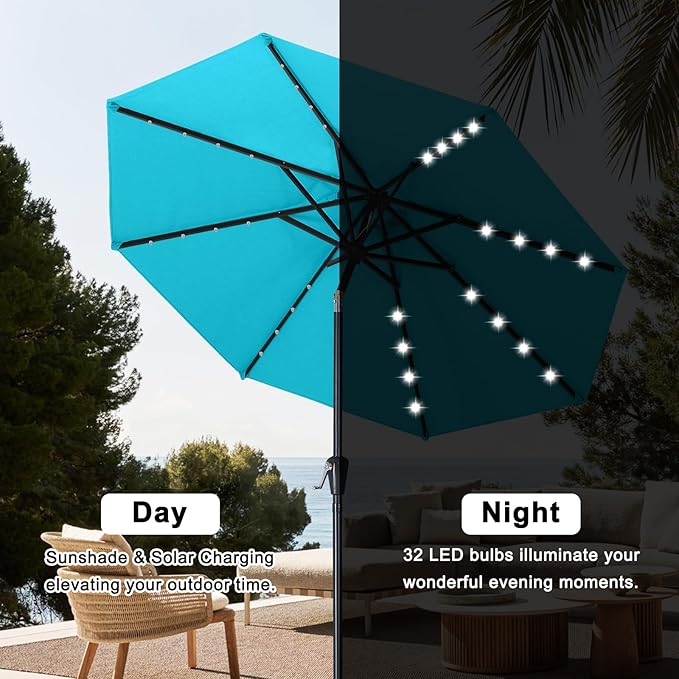 ABCCANOPY Durable Solar Led Patio Umbrellas with 32LED Lights 10FT (Turquoise)