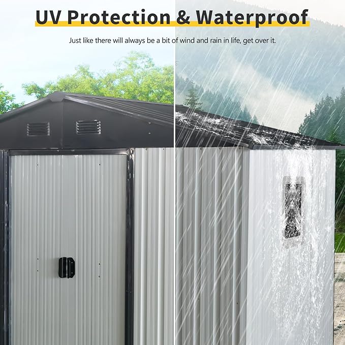 8x4 FT Outdoor Metal Storage Shed with Window, Galvanized Steel Garden Shed, Lockable Sliding Door, Sloped Roof, Ventilated Tool Storage House with Foundation Kit for Backyard Lawn, White+Black