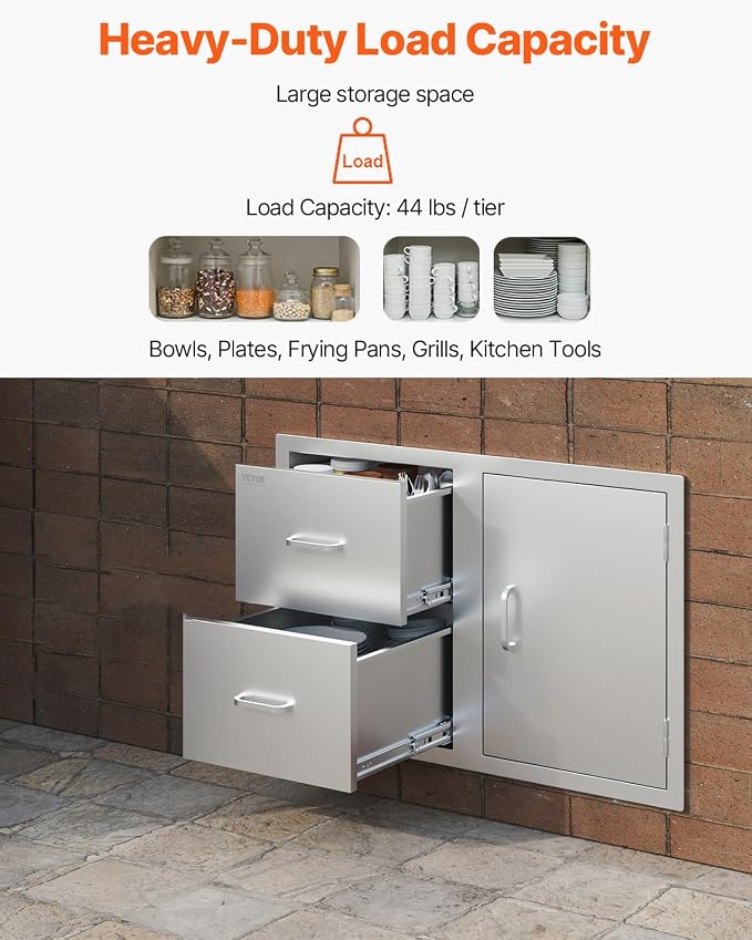 VEVOR Outdoor Kitchen Door Drawer Combo, 32.5"Wx21.7"Hx20.5"D, Access Door Double Drawers with Paper Towel Rack, BBQ Island Drawers with Stainless Steel Handles, 30.7"Wx20"Hx21"D Cutout Size