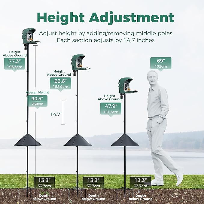 Bird Feeder Pole with Squirrel Baffle, 91'' Inch Heavy-Duty Bird House Pole for Outdoors,Adjustable Height,Universal Mount Kit for Bird Feeder Camera &Bird House (Adapter Included)